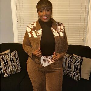 Fashion Nova Brown Suede Jacket with Cowhide-Print Panels and Pants